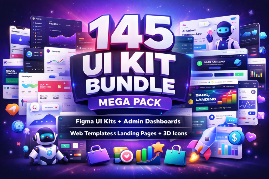Featured image showing “145 UI Kit Bundle Mega Pack” with Figma UI kits, admin dashboards, landing pages, website templates, and 3D icons on a futuristic purple gradient background.