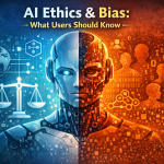 AI ethics and bias concept illustration showing a split robot face with justice scales and data silhouettes