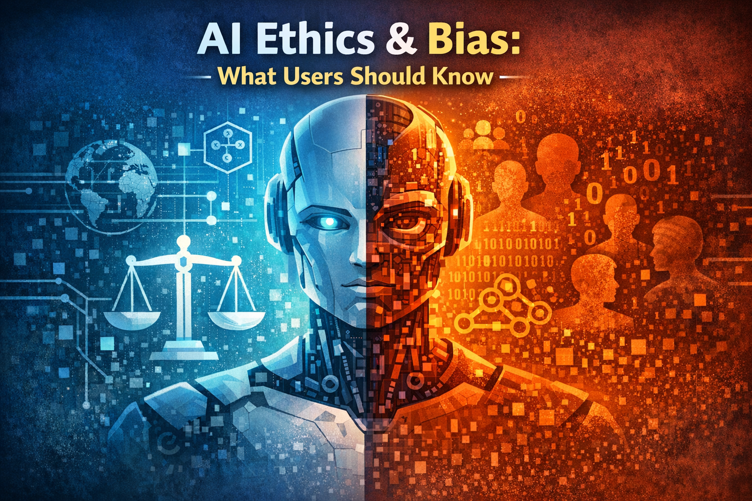 AI ethics and bias concept illustration showing a split robot face with justice scales and data silhouettes