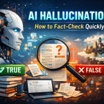 AI hallucinations and fact-checking workflow with magnifying glass and verification checkmark