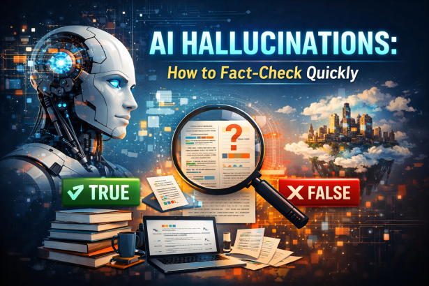 AI hallucinations and fact-checking workflow with magnifying glass and verification checkmark