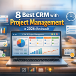 8 Best CRM with Project Management in 2026 – CRM and project boards on a large screen with team collaboration icons”