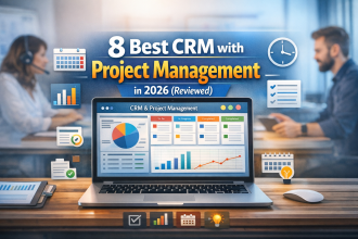 8 Best CRM with Project Management in 2026 – CRM and project boards on a large screen with team collaboration icons”