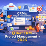 Laptop showing CRM dashboard and project task board – 2026 CRM with project management review”