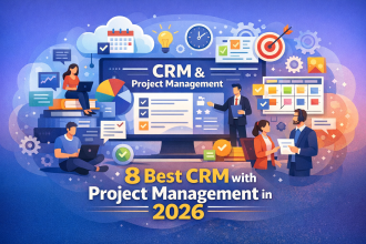 Laptop showing CRM dashboard and project task board – 2026 CRM with project management review”
