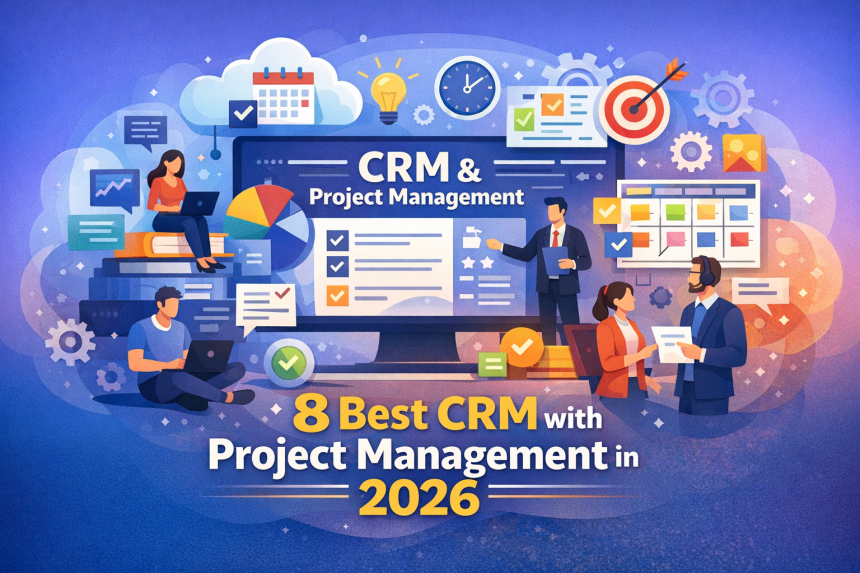 Laptop showing CRM dashboard and project task board – 2026 CRM with project management review”