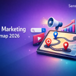 Premium hero banner for Sense Central showing “Digital Marketing Roadmap 2026” with a modern tablet roadmap illustration on a blue–purple–teal gradient background.
