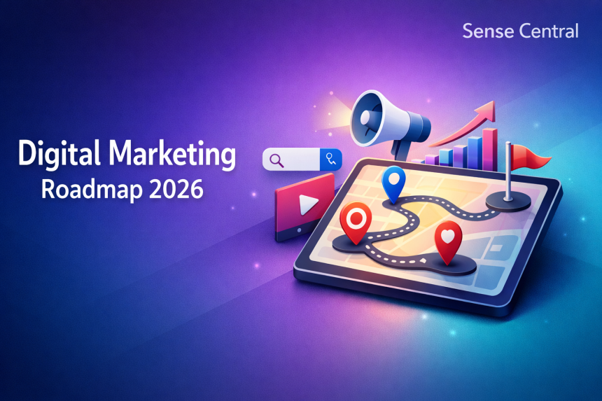 Premium hero banner for Sense Central showing “Digital Marketing Roadmap 2026” with a modern tablet roadmap illustration on a blue–purple–teal gradient background.