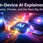 On-Device AI Explained featured image showing a glowing AI chip between a smartphone and laptop in a futuristic tech scene