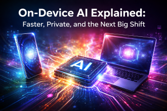 On-Device AI Explained featured image showing a glowing AI chip between a smartphone and laptop in a futuristic tech scene