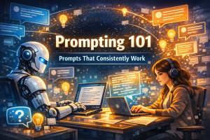 Prompting 101 illustration with a human and robot collaborating at laptops amid floating chat bubbles and ideas