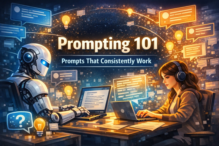 Prompting 101 illustration with a human and robot collaborating at laptops amid floating chat bubbles and ideas