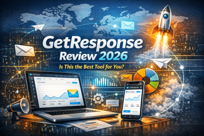 GetResponse Review 2026 featured banner with email dashboard illustration, growth charts, and blue marketing theme
