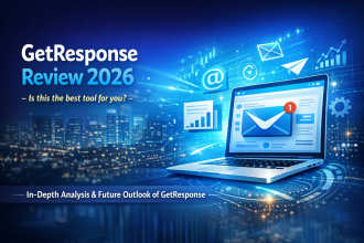 GetResponse Review 2026 featured image showing email marketing growth, analytics dashboard, and rocket launch concept