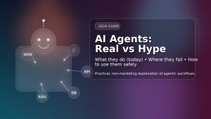 AI Agents: Real vs Hype — practical guide showing an AI agent connected to tools like web, APIs, RAG, and databases
