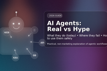 AI Agents: Real vs Hype — practical guide showing an AI agent connected to tools like web, APIs, RAG, and databases