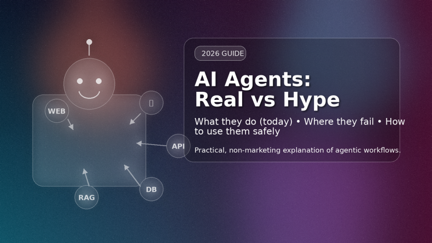 AI Agents: Real vs Hype — practical guide showing an AI agent connected to tools like web, APIs, RAG, and databases