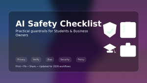 AI safety checklist illustration with shield, checklist, graduation cap, and briefcase icons for students and business owners
