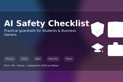 AI safety checklist illustration with shield, checklist, graduation cap, and briefcase icons for students and business owners