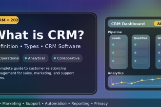 CRM 2026 guide featured image showing CRM dashboard, pipeline, analytics, AI and privacy icons