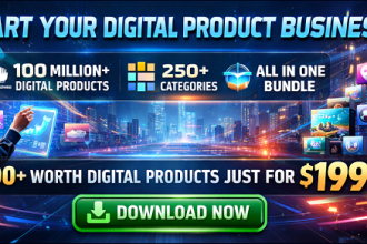 Futuristic 4:1 banner promoting a “Start Your Digital Product Business” all-in-one bundle—100M+ digital products, 250+ categories, $25,000+ value for $199—with a glowing “Download Now” button and digital device visuals.
