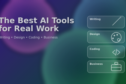 The Best AI Tools for Real Work featured image with gradient background and icons for writing, design, coding, and business