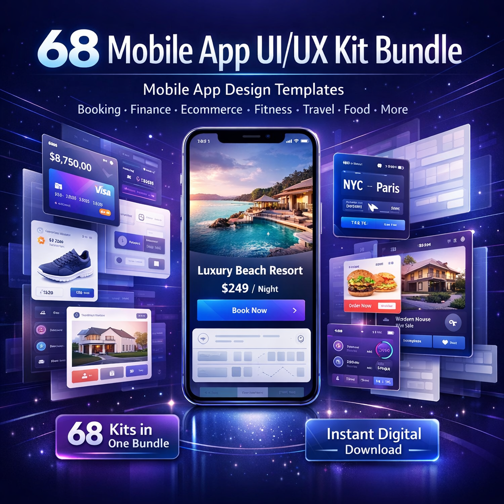 68 Mobile App UI/UX Kit Bundle, Mobile App Design Templates, UI Kit Pack for Booking, Finance, Ecommerce, Fitness, Travel , Digital Download
