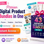 43 premium digital product bundles including Canva, KDP, SVG, planners, spreadsheets, fonts and stock photos
